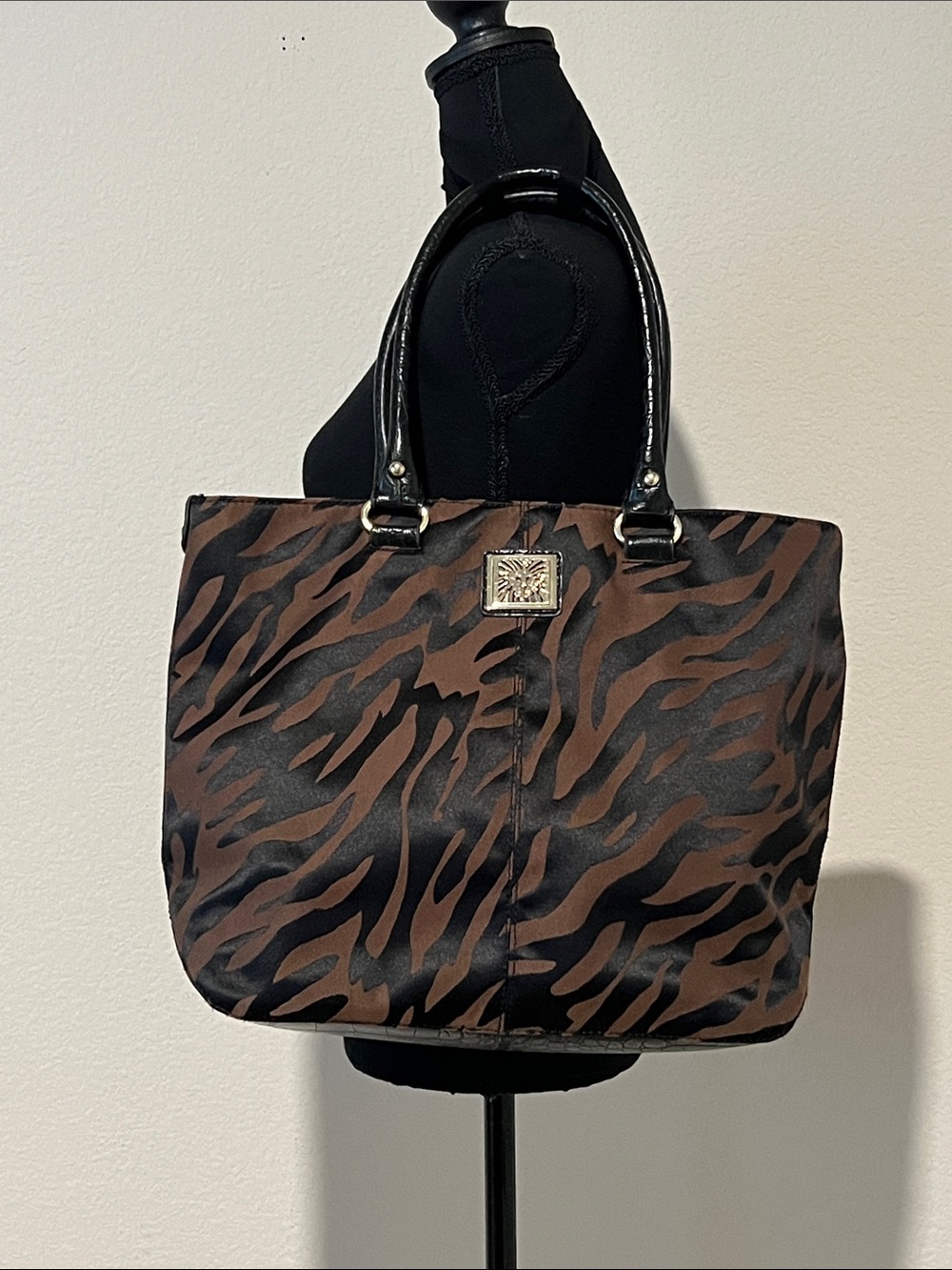 Anne Klein Animal Print Tote Bag Brown Black Zebra Tiger Print Shoulder Purse